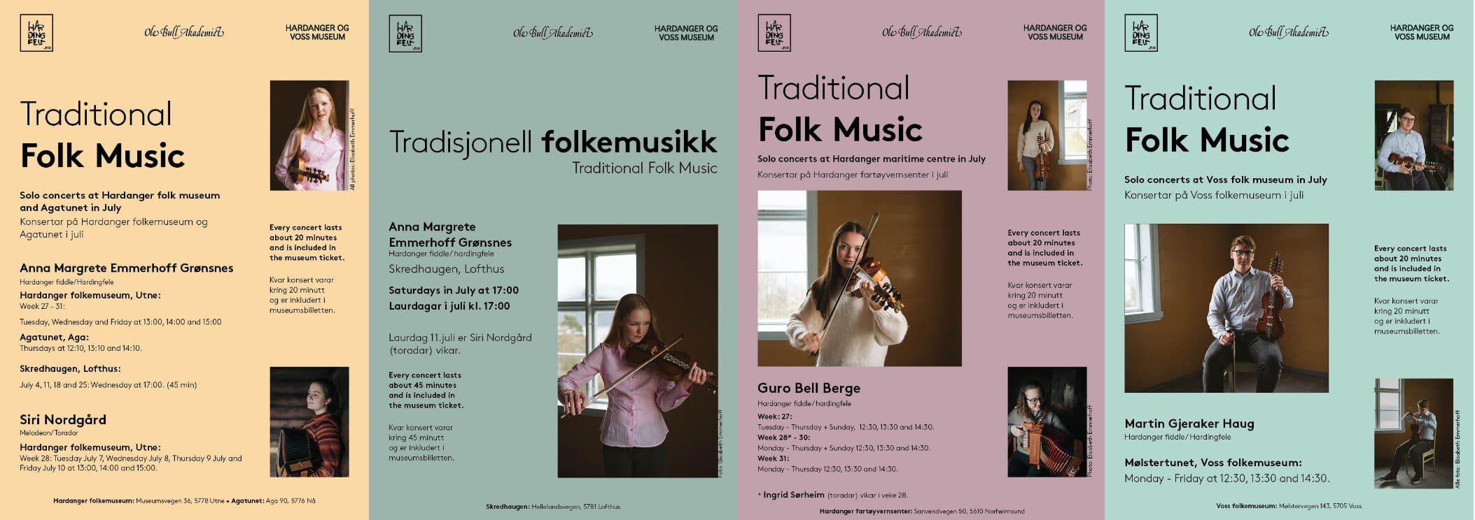 Folkemusikkonseri juli hos musea i hardanger og voss museum. Her er fire av plakatene i ulike farger med bilde av unge musikere. konsertene varer i 20 minutter. 